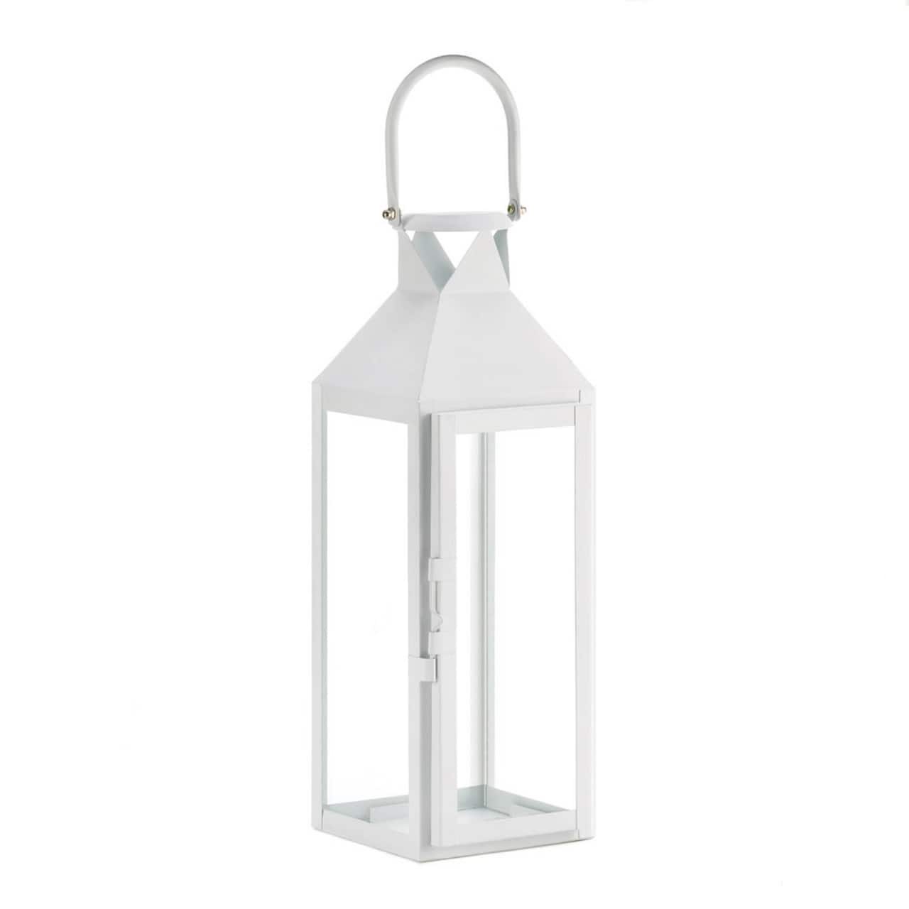 15" Sleek White Metal Manhattan Candle Lantern with Handle